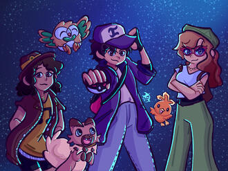 FEB 2024 - Art Collab: Made an artwork of Mona, Mangotimmer and I in the Pokemon Universe w/ our favorite Pokemon in my Neon Style!